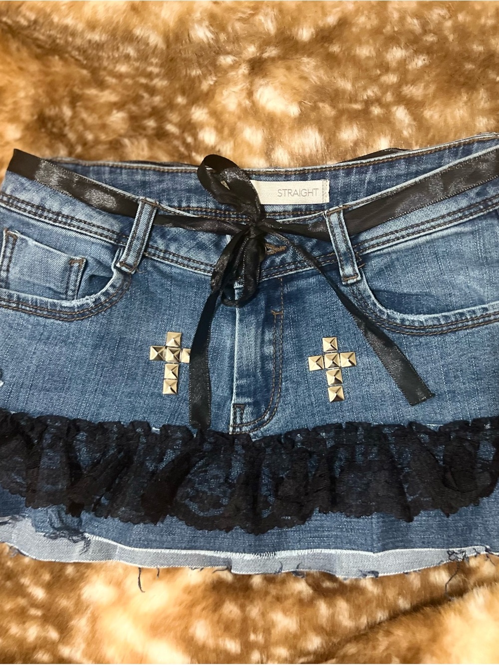 Blue Denim Mini Skirt with Black Lace Trim - Picture 1 of 2
